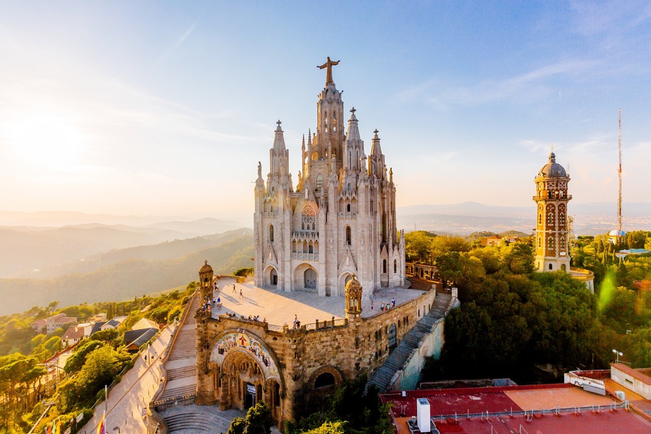 1143273440 Aerial view of Barcelona skyline with Sagrat Cor temple, Catalonia, Spain